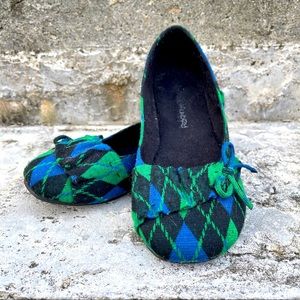 Dirty Laundry Blue Green Argyle Bow Flats